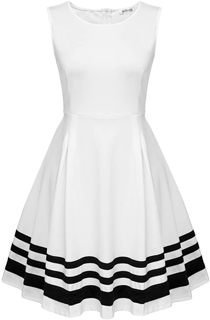 Price:$31.99    Bluetime Women's O-Neck Sleeveless Striped Sundress Pleated Party Dress  Clothing