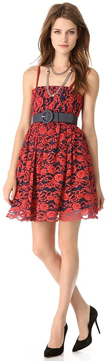 Price:$129.99    Alice + Olivia Flower Sia Poof Lace Cocktail Belted Dress 6 Red/Navy  Clothing