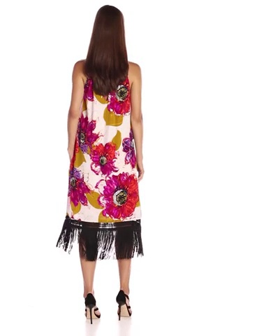 Price:$332.13    Trina Turk Women's Vivianna Bela Roseta Silk Crepe De Chine Fringe Dress  Clothing