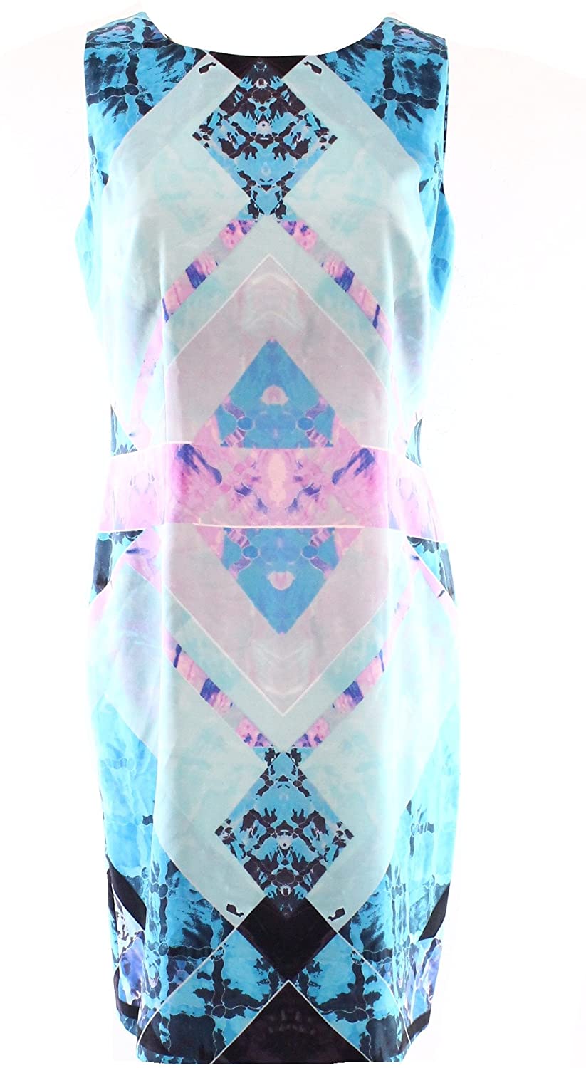 Price:$189.95    Ivanka Trump Aqua/Ocean Blue Printed Prism Sheath Lined Sleeveless Dress Sz 8  Clothing