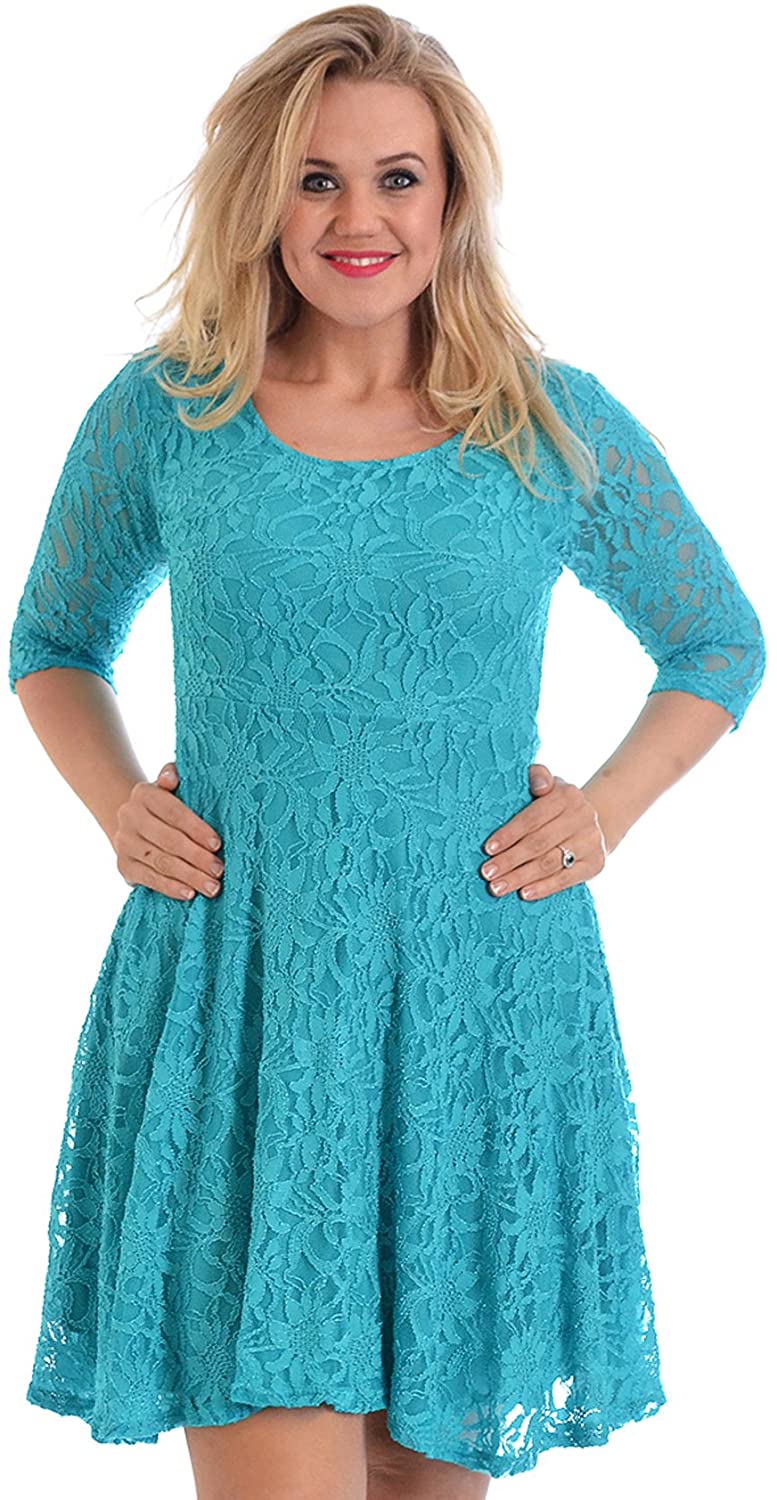 Price:$37.69 Nouvelle Collection Womens Plus Size Dress Ladies Skater Style Floral Lace Bridesmaid Dress Flared Party Wear Round Neck at Amazon Women’s Clothing store