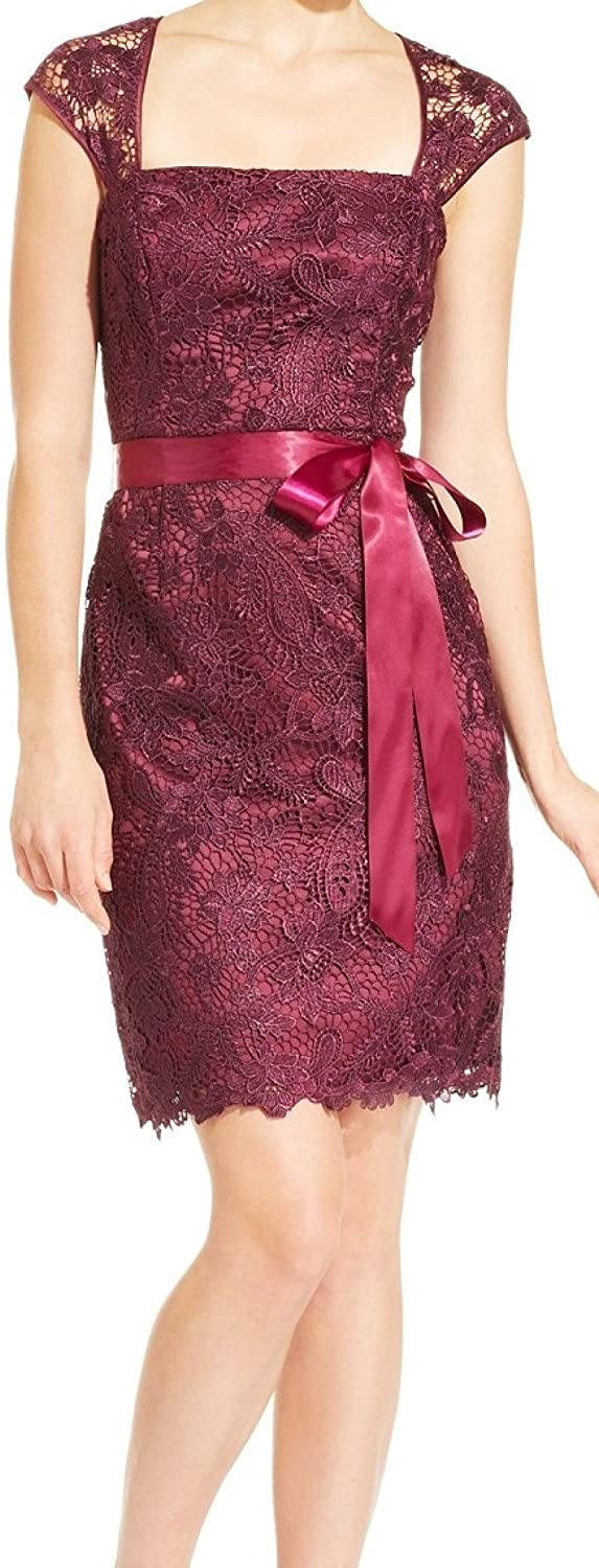 Price:$0.00    Adrianna Papell Women's Floral Lace Belted Sheath Dress Purple 10  Clothing
