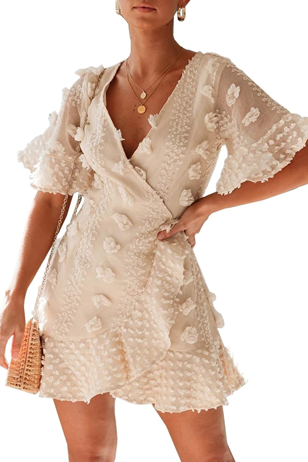 Price:$21.99    futurino Women's Elegant Irregular Flounce-Hem Deep V Lace Pleated Half Sleeve Mini Dress  Clothing