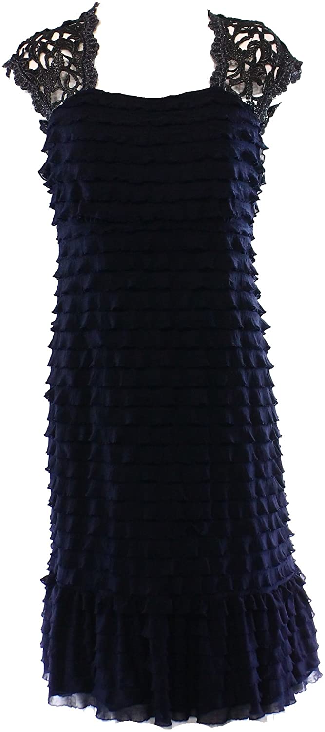 Price:$16.95 ROBBIE BEE Signature Womens Crochet Cap Sleeve Ruffled Sheath Dress (S, Navy) at Amazon Women’s Clothing store
