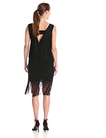 Price:$353.19    Nicole Miller Women's Fringe and Lace Shift Dress, Black/Black, 4  Clothing