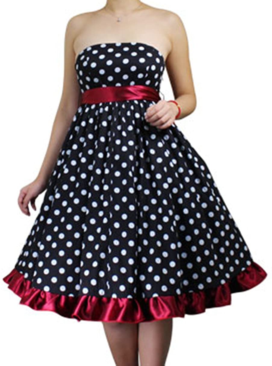 Price:$38.90    (XS-XXL) Dots Afire - Black w White Polka-dots Burgundy Trim Belt Strapless Dress  Clothing