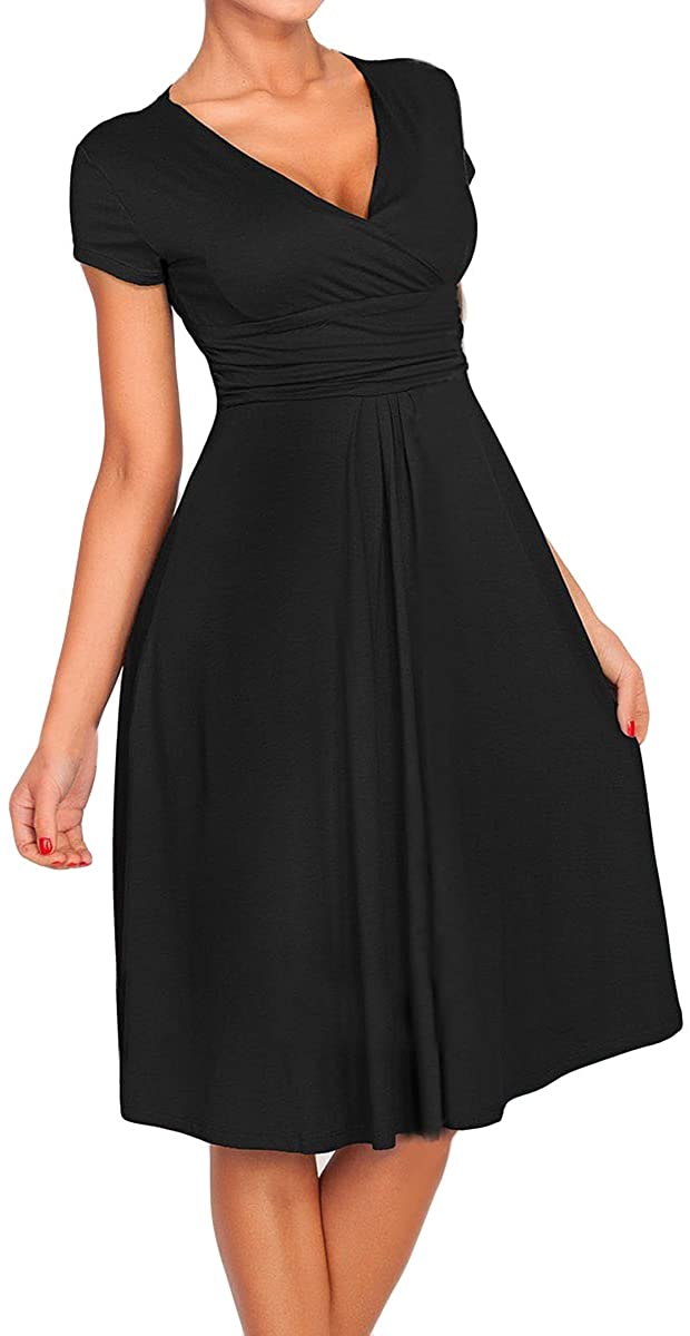 Price:$27.69    Leright Women's Fit and Flare Dress Ruched V-Neck Cocktail Empire Waist Dresses, Black, S£¨US Size 0-2  Clothing