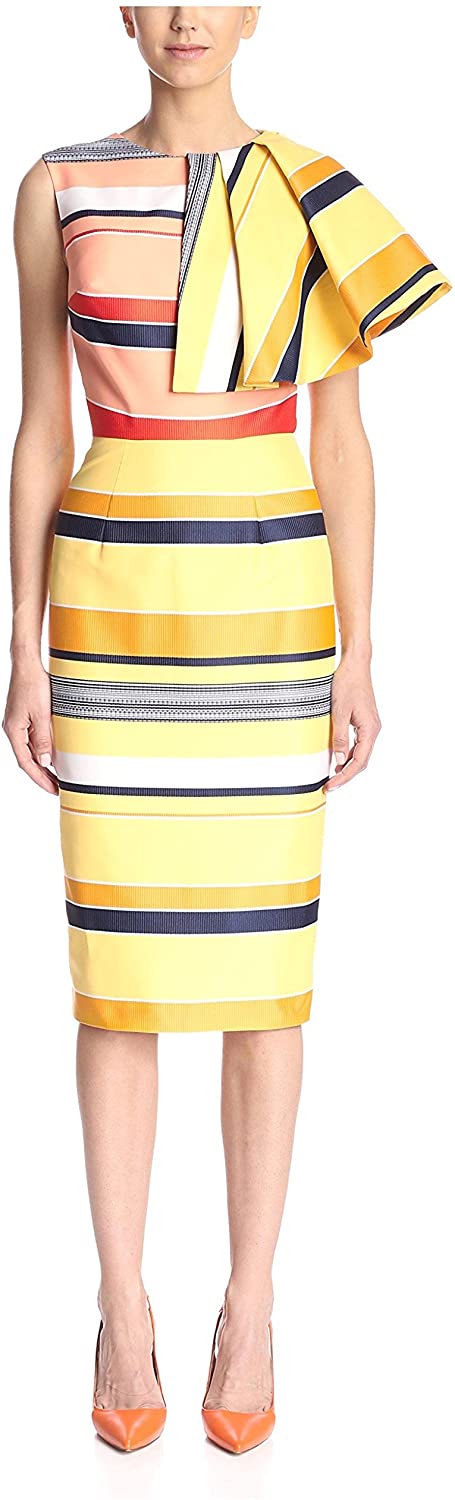 Price:$1250.00    Christian Siriano Women's California Shoulder Flounce Dress, Yellow Orange Stripe, 6  Clothing