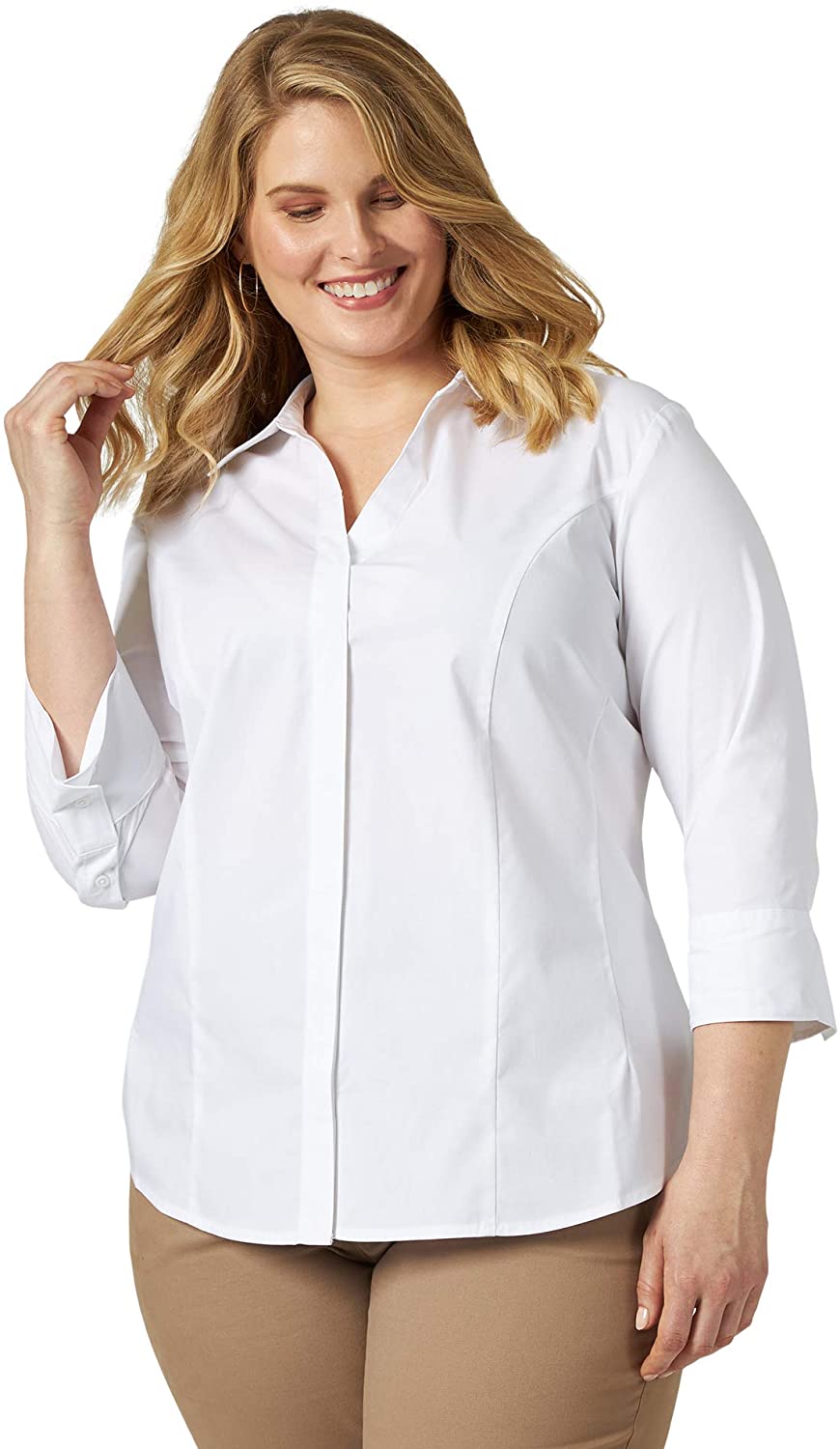Price:$17.99 Riders by Lee Indigo Women's Plus Size Easy Care ¾ Sleeve Woven Shirt at Amazon Women’s Clothing store