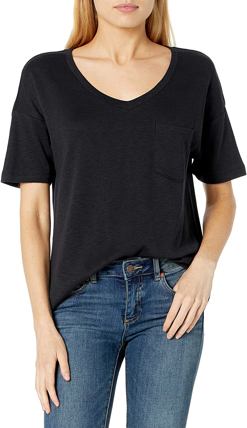Price:$12.82    Amazon Brand - Daily Ritual Women's Cotton Modal Stretch Slub Oversized Short-Sleeve V-Neck Pocket T-Shirt  Clothing