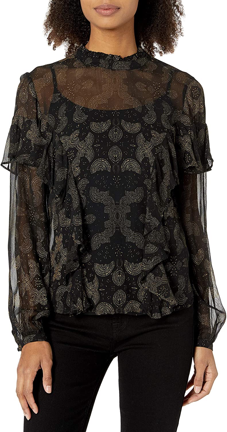 Price:$81.99 Lucky Brand Women's High Neck Ruffle Blouse in Black Multi at Amazon Women’s Clothing store