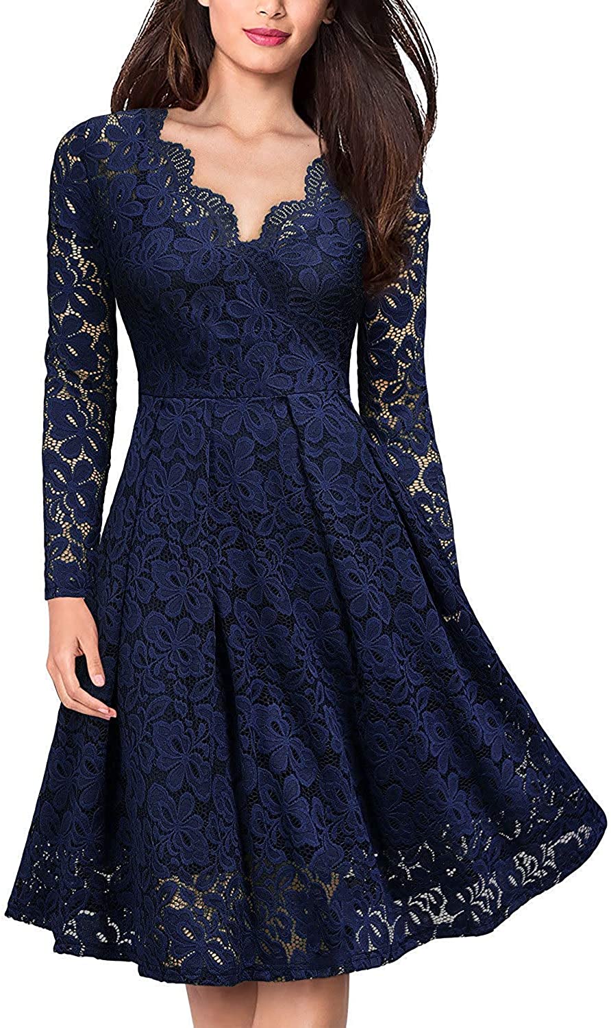 Price:$0.00 GRACERATE Women's Vintage Floral Lace Cocktail Party Swing Dress - Double V Neck Long Sleeve with Zipper Pockets (Navy Blue, Large) at Amazon Women’s Clothing store