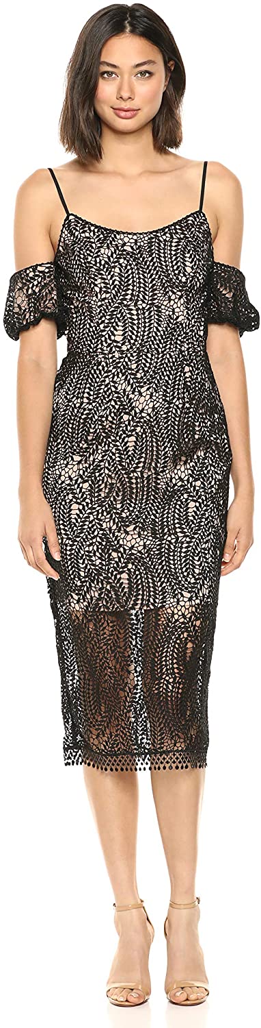 Price:$44.77 Dress the Population Women's Sacha Cold Shoulder Lace Midi Sheath Dress at Amazon Women’s Clothing store
