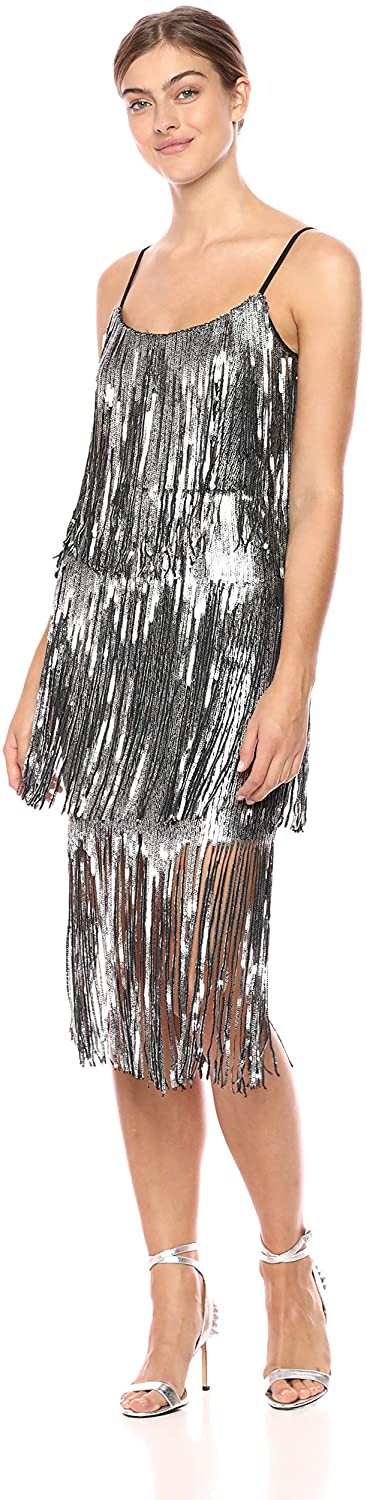 Price:$205.08    Dress the Population Women's Roxy Tiered Fringe Sequin Party Dress  Clothing