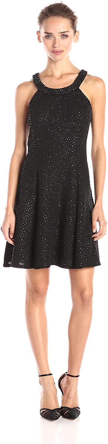 Price:$0.00    Betsy & Adam Women's Beaded Neck Halter Sequin Aline Dress  Clothing