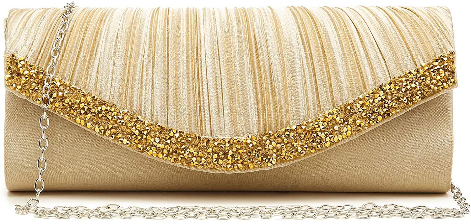 Price:$11.99 Dasein Women Satin Evening Bags Rhinestone Clutch Purses for Wedding Party Formal Dressy Handbag with Shoulder Chain Gold  Handbags   