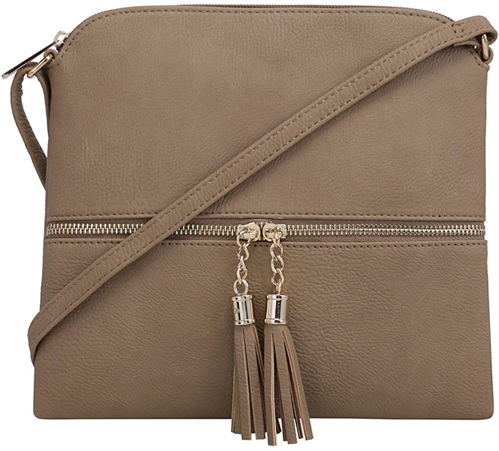 Price:$16.99 SG SUGU Lightweight Medium Crossbody Bag Shoulder Bag with Tassel and Zipper Pocket (Taupe)  Handbags   