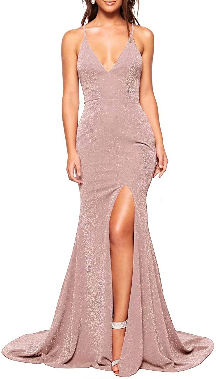 Price:$69.00    AiniDress Women's Sparkle Deep V-neck Bridesmaid Dresses Mermaid Glittery Prom Dresses Formal Gown  Clothing