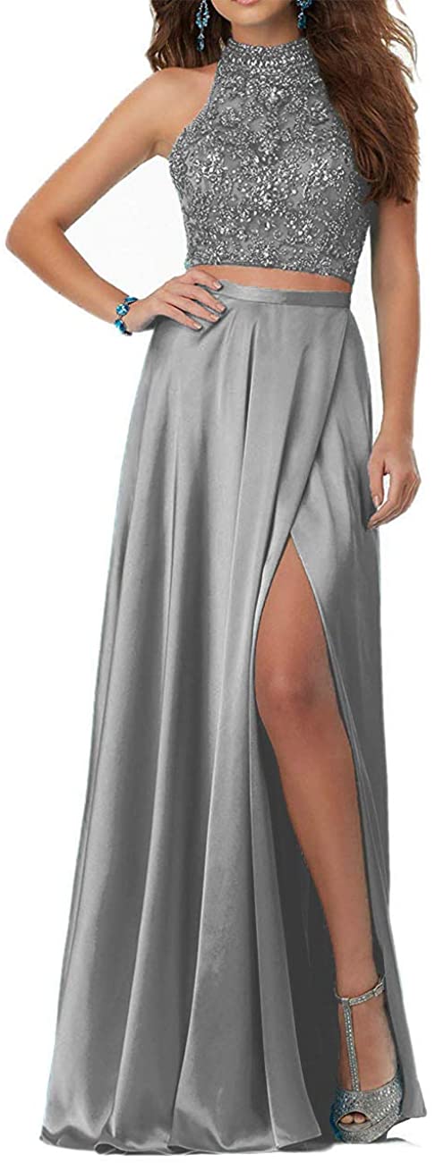 Price:$0.00    Homecoming Dress Halter Evening Party Dress Long Prom Dress Two Piece Gown Split  Clothing