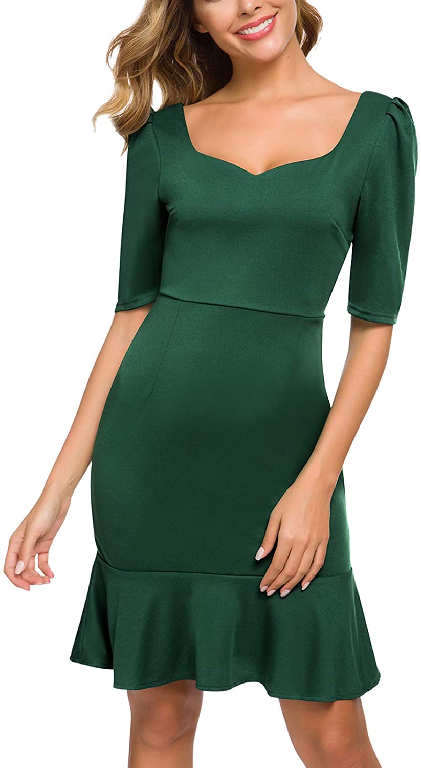 Price:$0.00    MAVIS LAVEN Women Cocktail Party Dress Short Sleeve Ruffle Hem Pencil Dress Dark Green M  Clothing