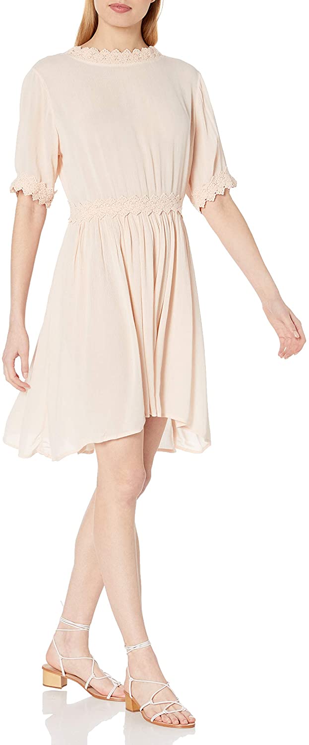 Price:$0.00    VERO MODA Women's Silvia Short Sleeve Dress with Neckline Lace Detail and Cut Out Back, Cream/Tan, Medium  Clothing