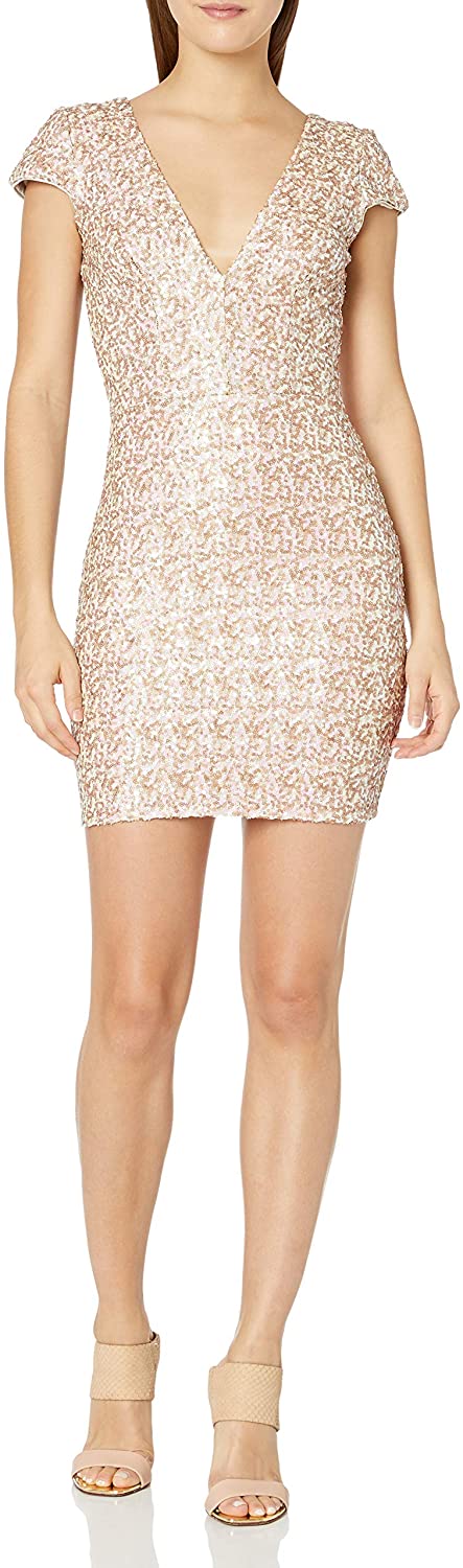Price:$40.99    Dress the Population Women's Zoe Cap Sleeve Plunging Sequin Mini Dress  Clothing