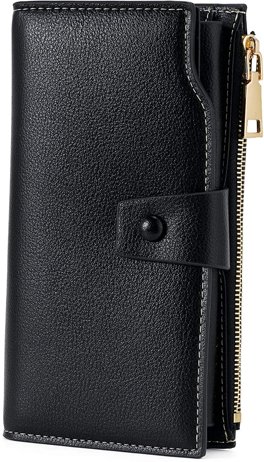 Price:$19.99    WOZEAH Women's RFID Blocking Large Capacity Luxury Wax PU Leather Clutch Wallet Card Holder Organizer Ladies Purse (2-Black)  Clothing