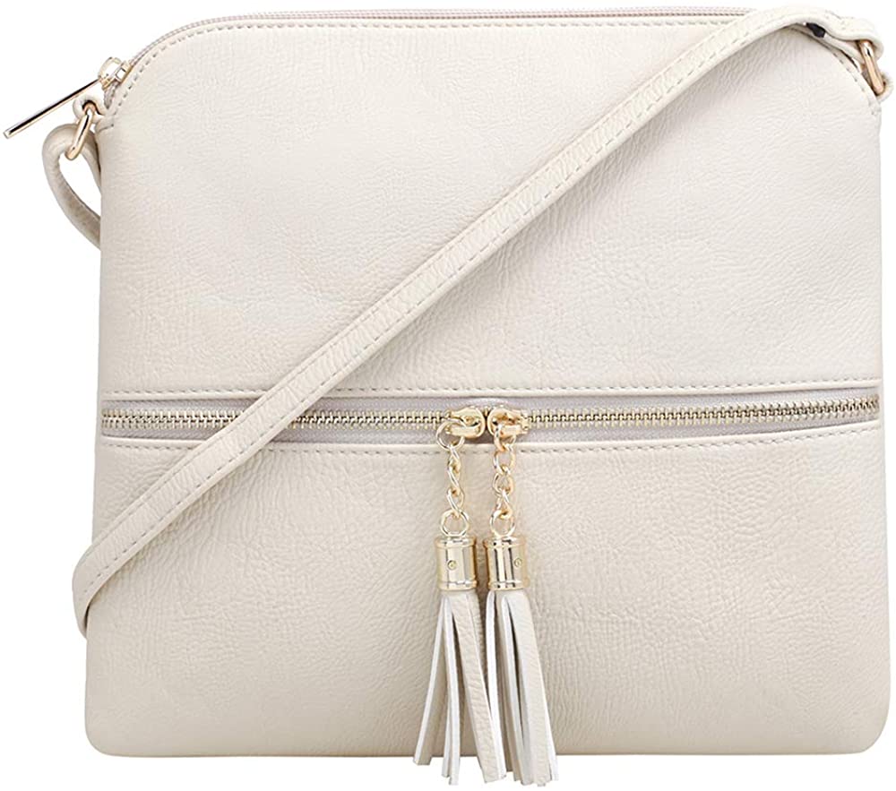 Price:$16.99 SG SUGU Lightweight Medium Crossbody Bag Shoulder Bag with Tassel and Zipper Pocket (Beige)  Handbags   