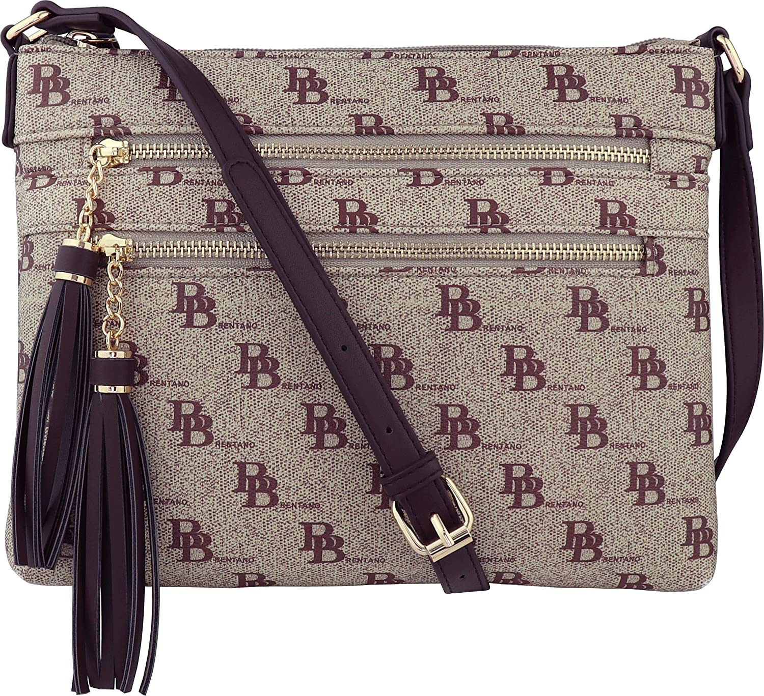 Price:$19.95 B BRENTANO Vegan Multi-Zipper Crossbody Handbag Purse with Tassel Accents (BB Brown)  Handbags   
