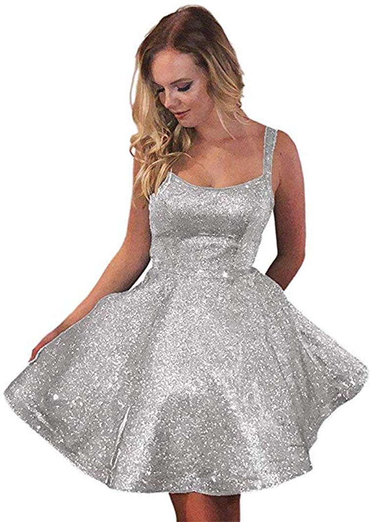 Price:$0.00    Varidress 2019 Glitter A-Line Open Back Short Homecoming Dresses with Pockets Silver 2  Clothing