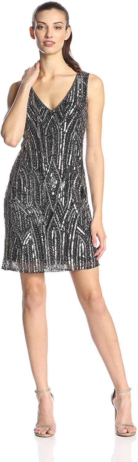 Price:$0.00    Adrianna Papell Women's Sleeveless V-Neck Embellished Sheath Dress, Black/Grey, 4  Clothing