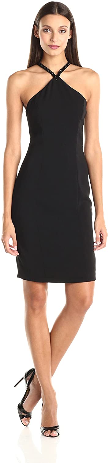 Price:$49.99    Carmen Marc Valvo Infusion Women's Beaded V Choker Neck Short Crepe Dress  Clothing