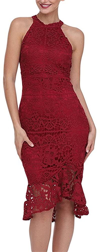 Price:$19.99 BeneGreat Women's Sleeveless Mock Neck Floral Lace Cocktail Party Bodycon Mermaid Midi Dress at Amazon Women’s Clothing store