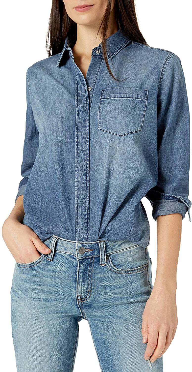 Price:$19.67    Amazon Brand - Goodthreads Women's Denim Long-Sleeve Boyfriend Shirt  Clothing