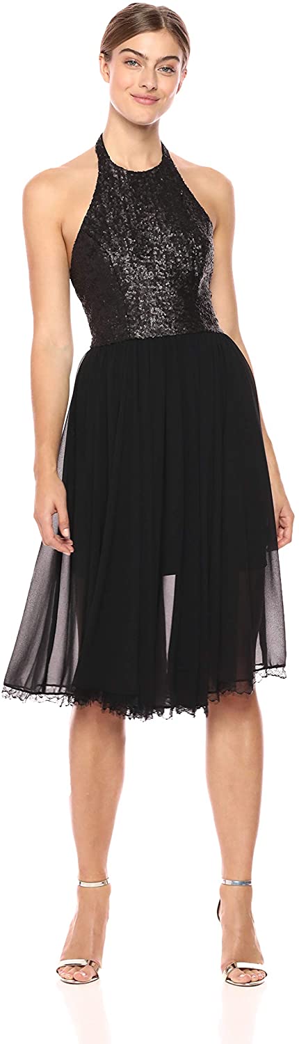 Price:$71.12    Dress the Population Women's Tatiana Sequin Halter Fit & Flare Midi Dress  Clothing