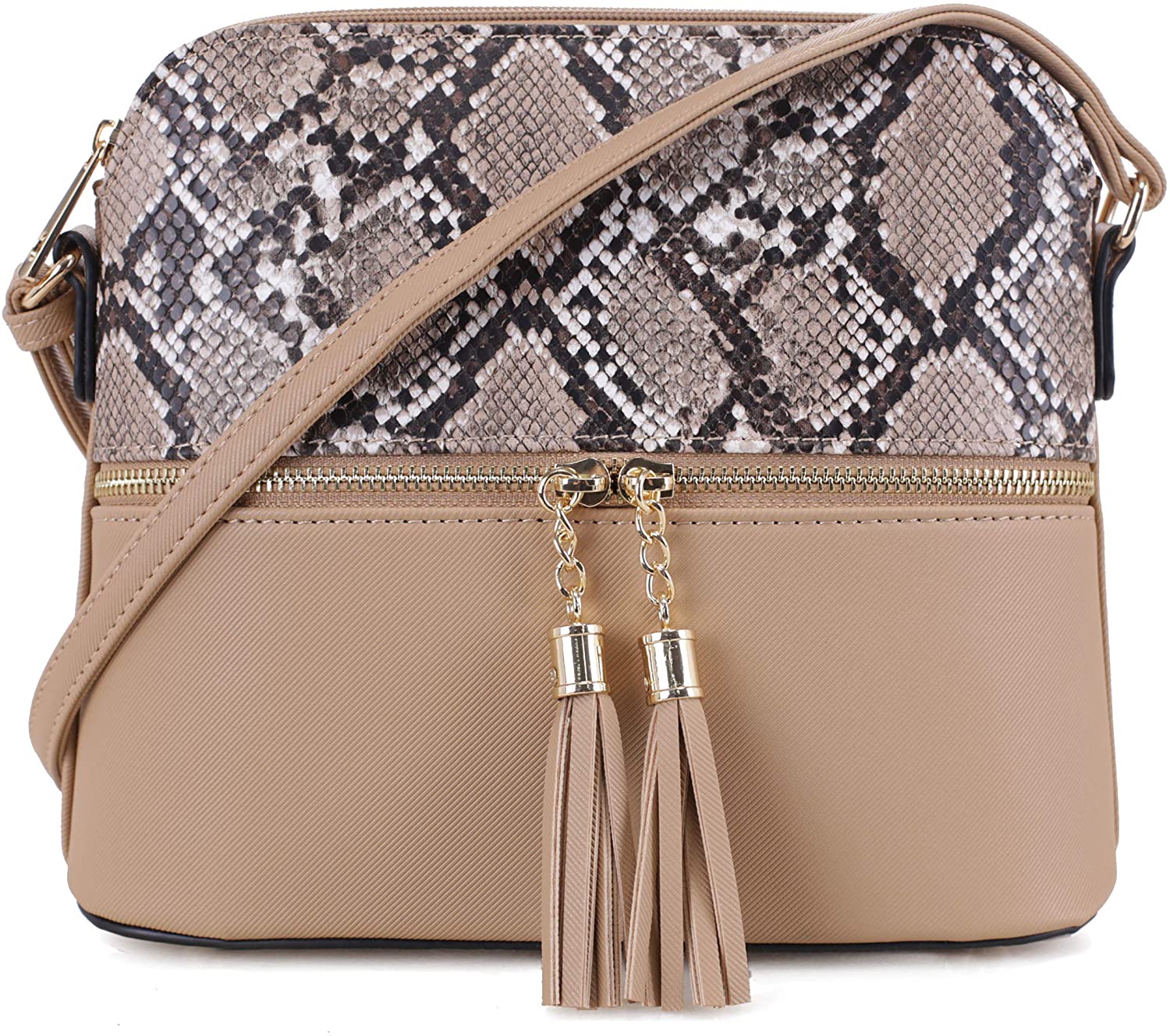 Price:$20.99 SG SUGU Lightweight Dome Crossbody Bag Shoulder Bag with Snake Skin Pattern | Tassel Zipper - BG/BR  Handbags   