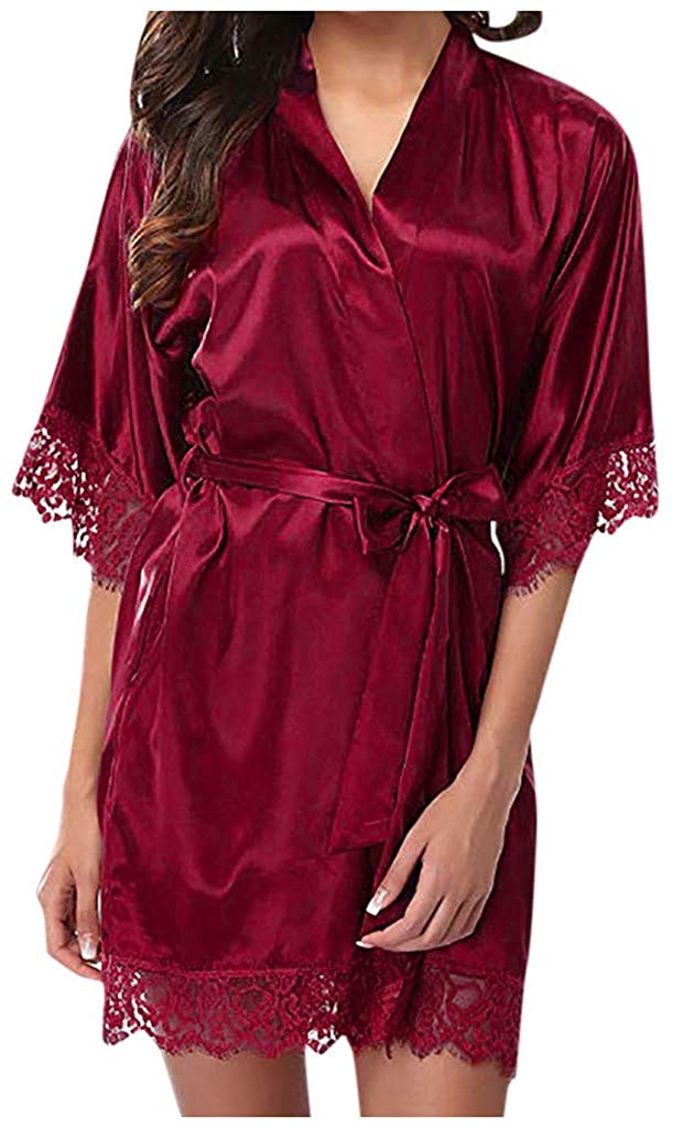 Price:$1.99 CocoMarket Women's Satin Robe with Underwear Sexy Lace Sleepwear Bathrobe Silky Nightwear Lingerie Pajamas Suit at Amazon Women’s Clothing store