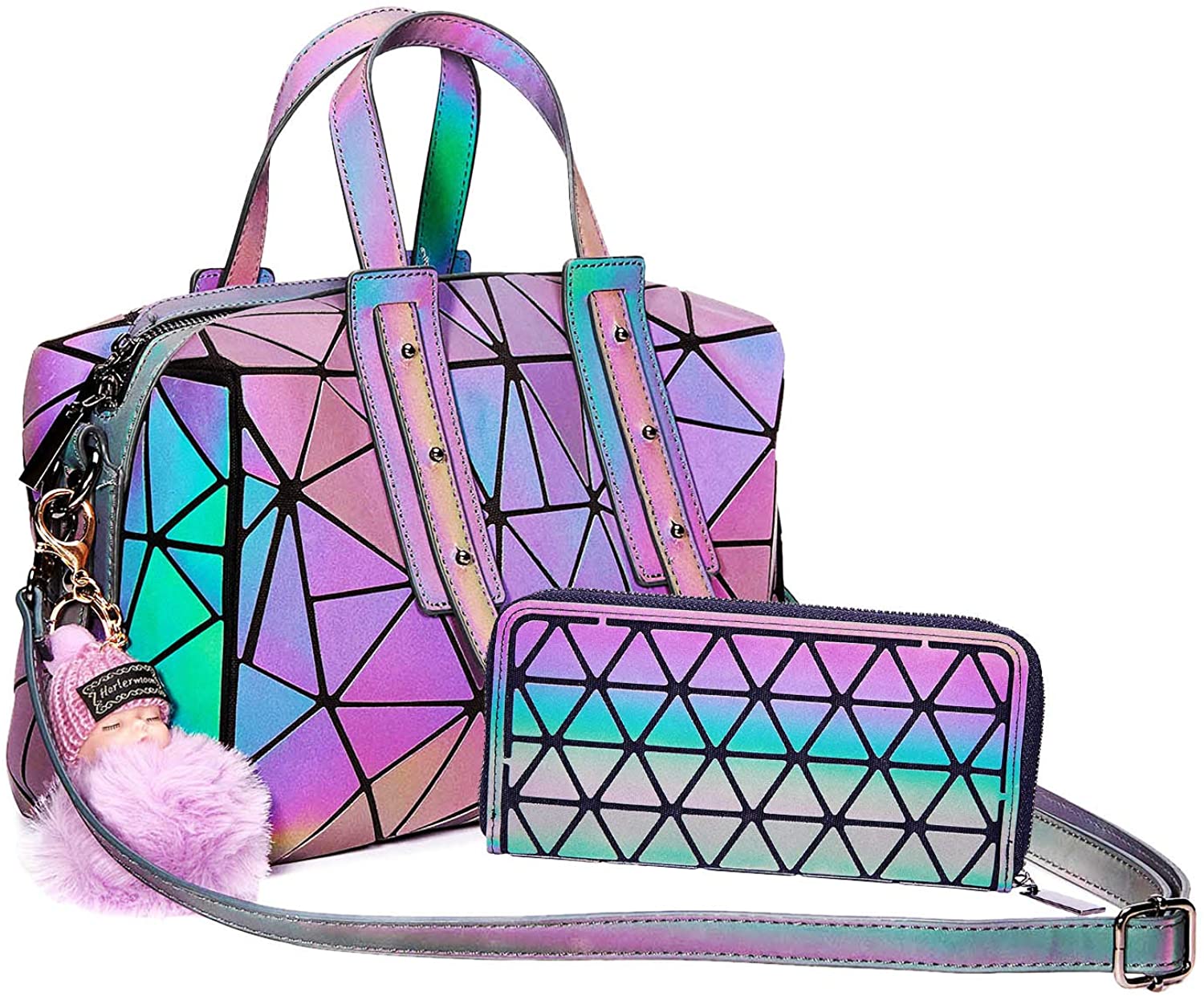 Price:$46.98    Geometric Handbag Luminous Women Tote Bag Holographich Purses and Handbags Flash Reflactive Crossbody Bag for Women (Boston Bag With Wallet)  Shoes