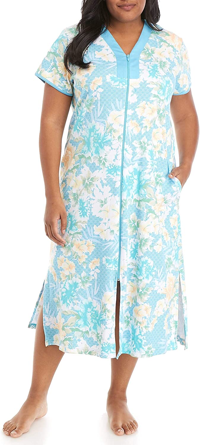 Price:$0.00 Miss Elaine Plus Size Interlock Long Zip Robe (3X Plus, Turquoise Coral) at Amazon Women’s Clothing store