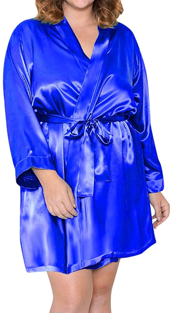 Price:$2.79 CocoMarket Women V-Neck Plus Size Satin Bathrobe Sexy Lingerie Set with Nightdress Panty Belt Soft Cozy Sleepwear Robes at Amazon Women’s Clothing store