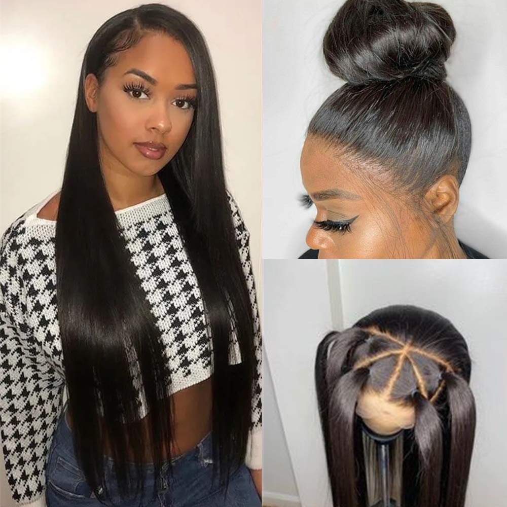 Price:$99.40     360 Lace Frontal Wig Straight for Black Women Pre Plucked with Baby Hair, Glueless 150% 180% Density 360 Lace Front Wig Brazilian Virgin Human Hair (16", Natural Black-150%)   Beauty