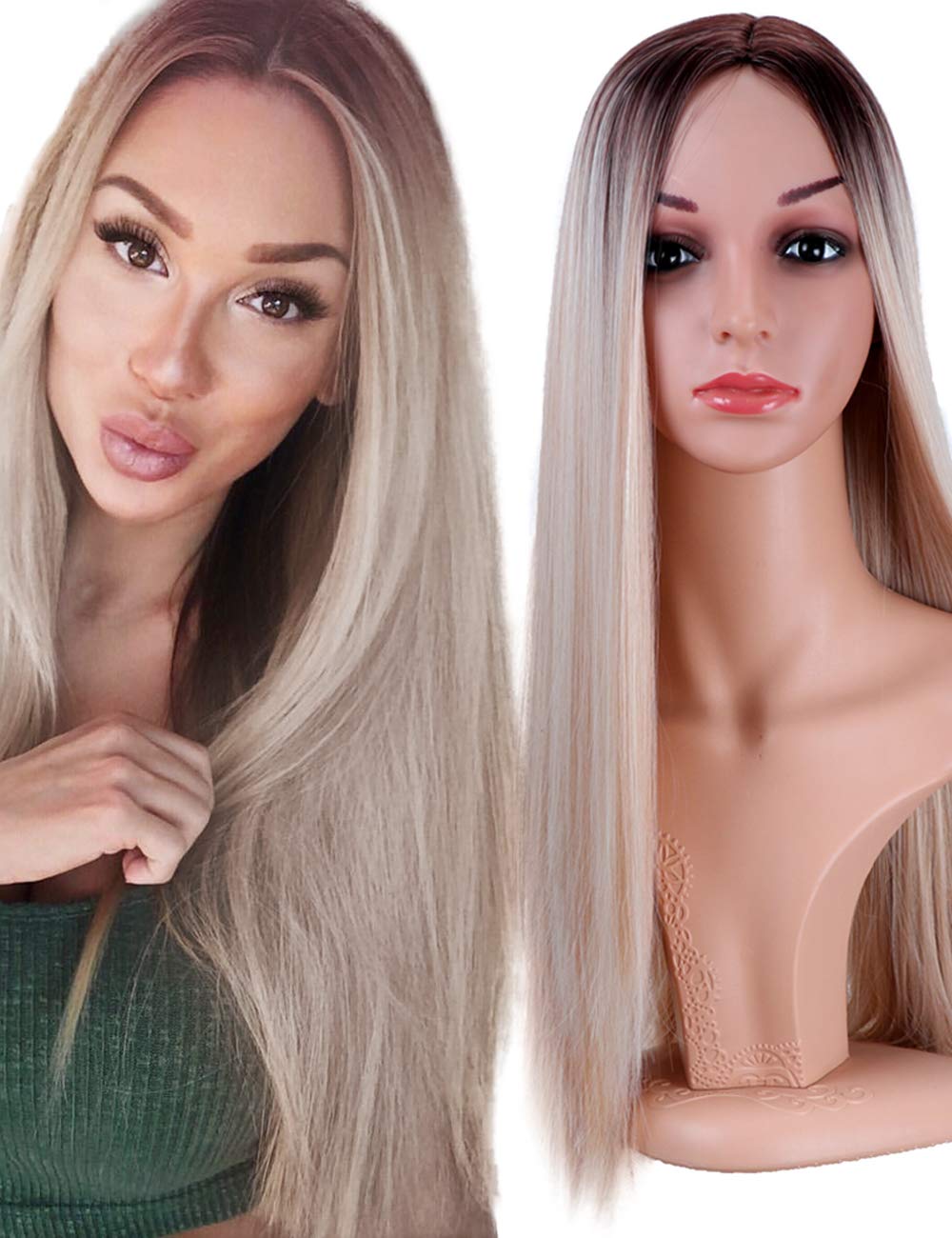 Price:$16.99     Fani Wigs Long Straight Blond Ombre Wigs for Women Dark Roots Middle Part Synthetic Full Wig Cosplay Wigs with Free Wig Cap (Ash Blonde)   Beauty