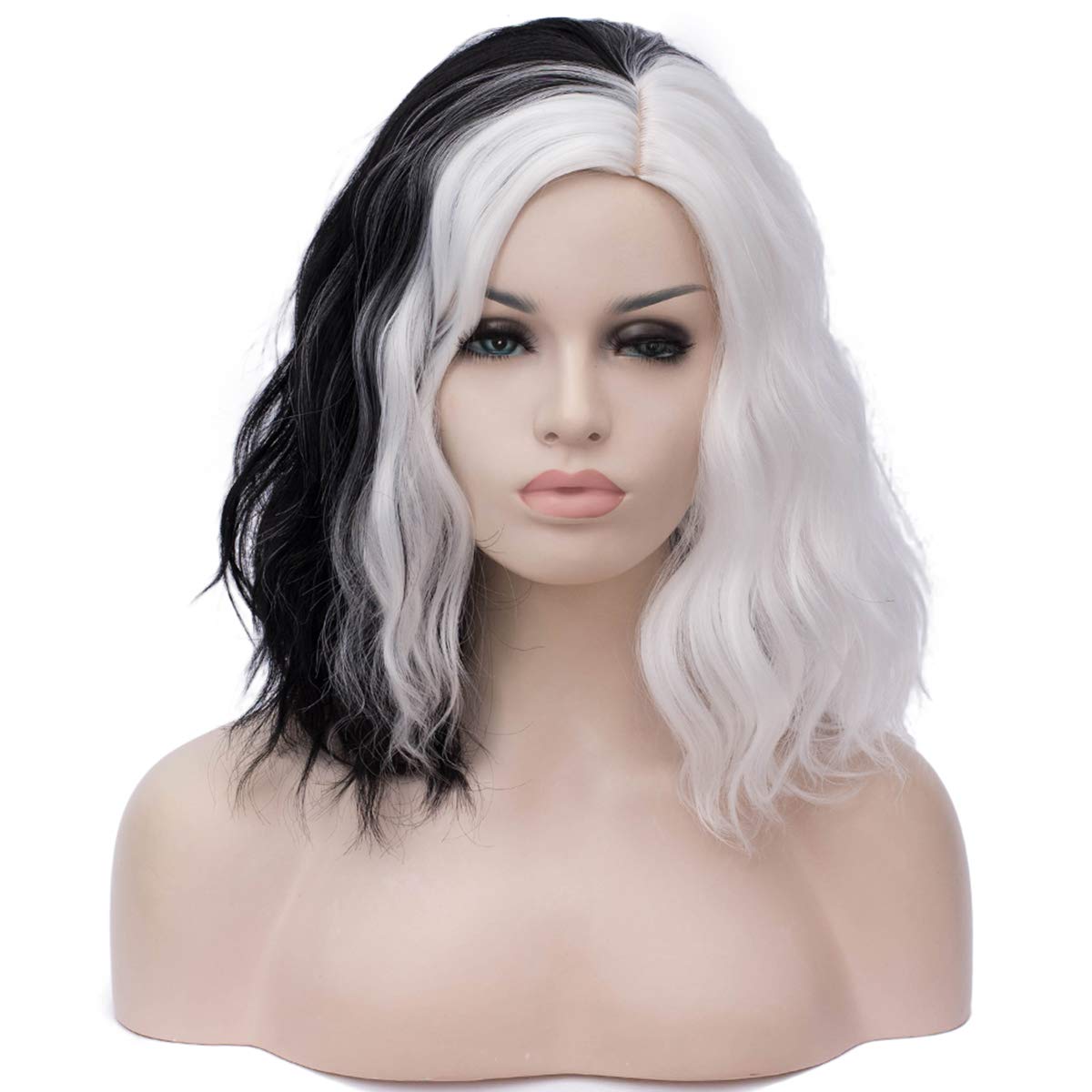 Price:$16.95    Mildiso Black and White Cosplay Wig for Cruella Deville Costume Short Colored Hair Wig + Cap M058C  Beauty