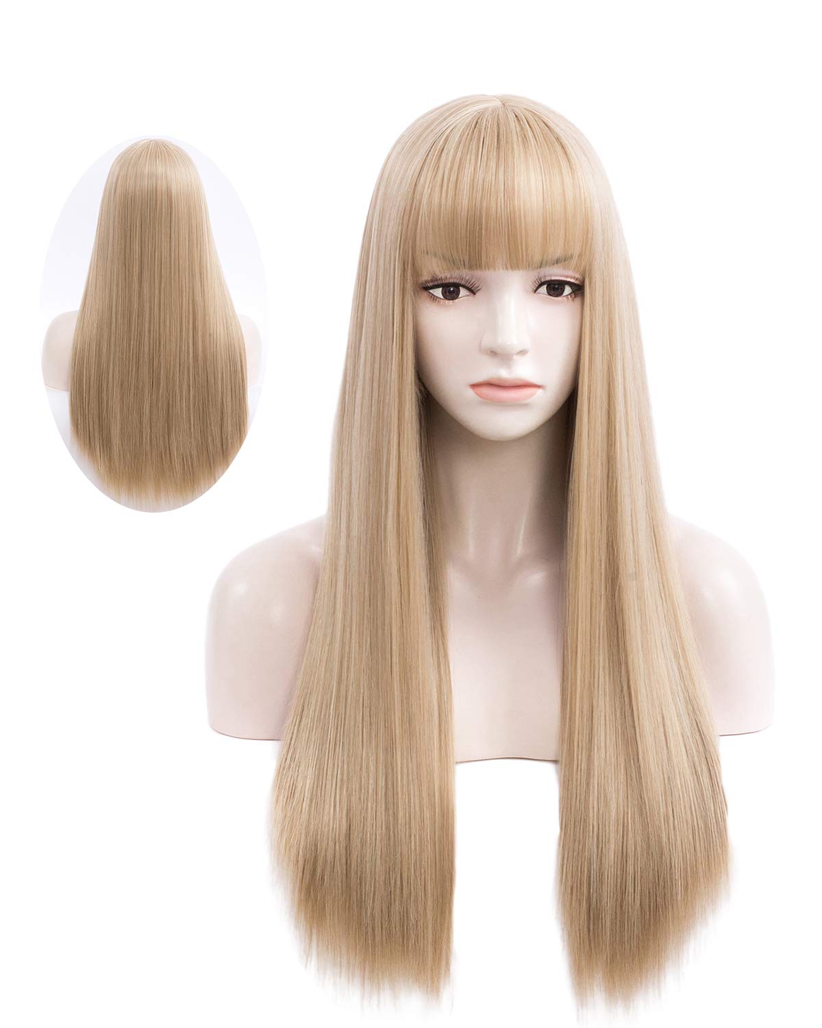 Price:$17.49    netgo Women's Long Straight Wigs With Bangs, 27 inch Heat Resistant Synthetic Cosplay Party Halloween Costume Wigs with Rose Net (Ash Blonde)  Beauty