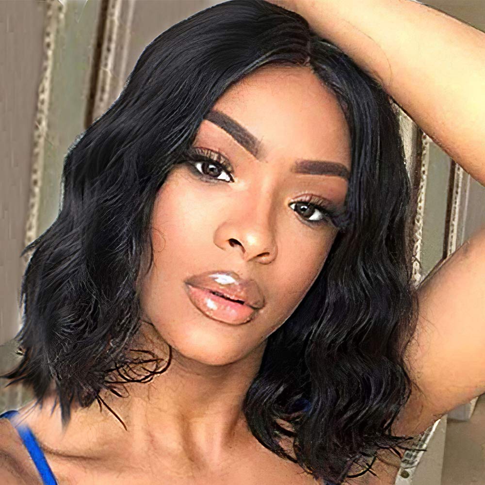 Price:$18.99    Vigorous Short Wave Wigs For Women Synthetic Shoulder Length Wig Middle Part Natural Black Bob Pastel Wavy Wigs for Daily Party Use 14 Inches(Black)  Beauty