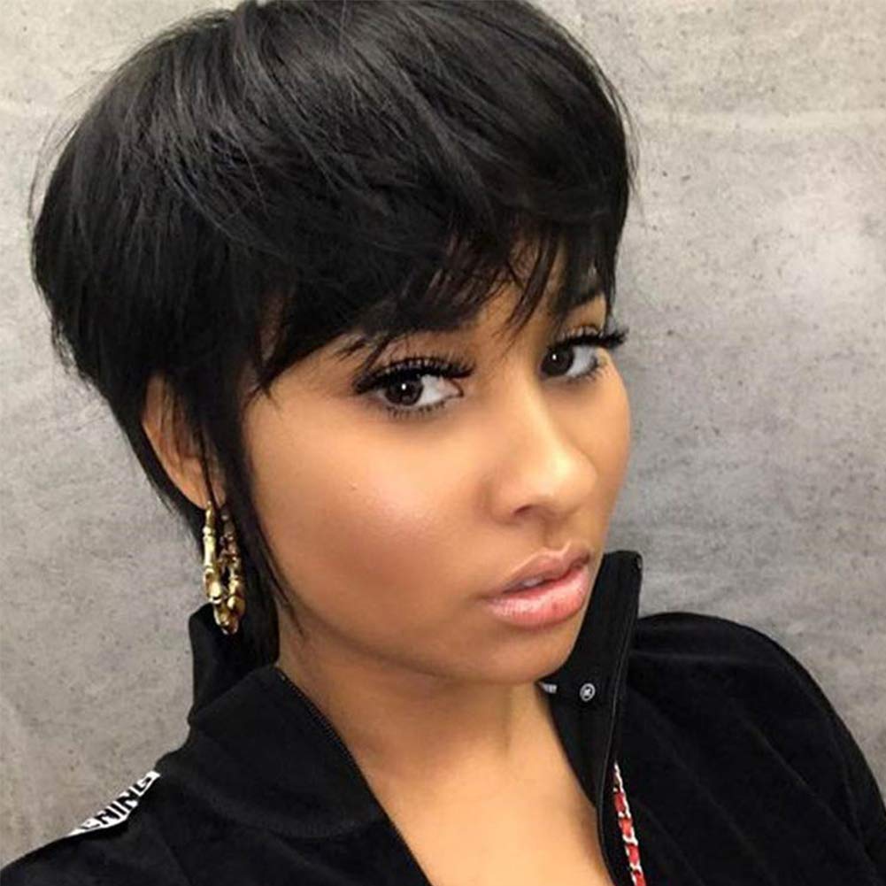 Price:$19.99    Full Wig Short Human Hair Wigs with Bangs,100% Brazilian Virgin Human Hair Pixie Cut Wigs Short Straight Layered Bob Wigs Cute Summer Wigs Daily Wigs for Black Women (#30)  Beauty