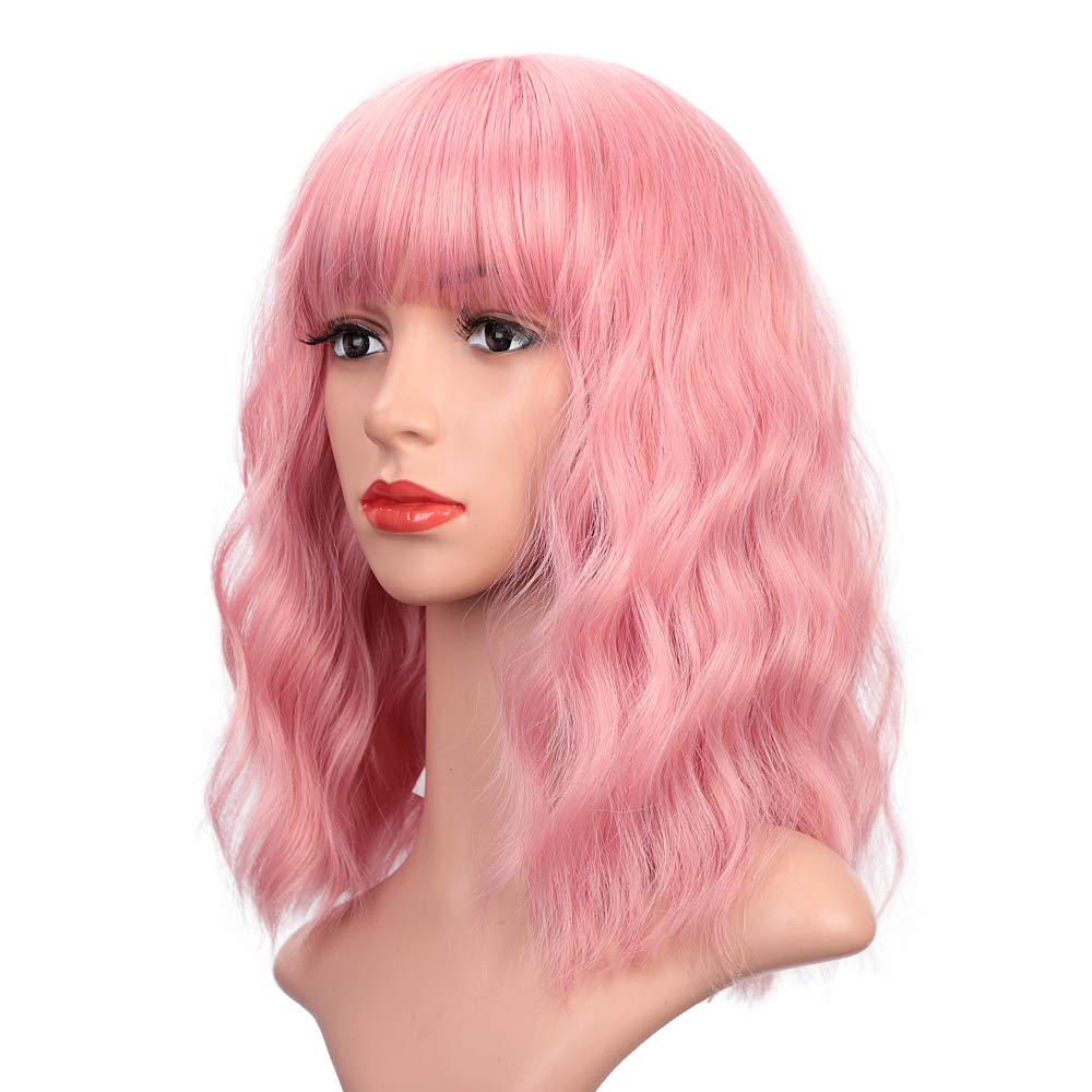 Price:$16.99    ENTRANCED STYLES Pink Wig with Bangs Synthetic Short Wavy Wig for Women Girls Cosplay Party Wig Shoulder Length  Beauty