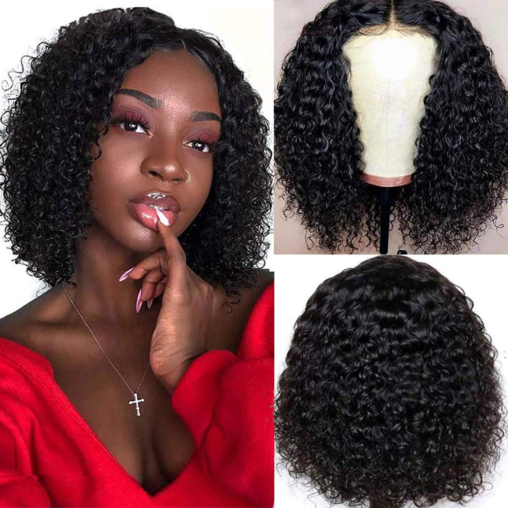 Price:$51.99     Muokass Water Short Bob Wig T-Part Lace Front Wigs Human Hair Pre Plucked Lace Closure Wigs With Baby Hair Deep Curly Natural Color For Black Women (10 inch, Middle Part)   Beauty