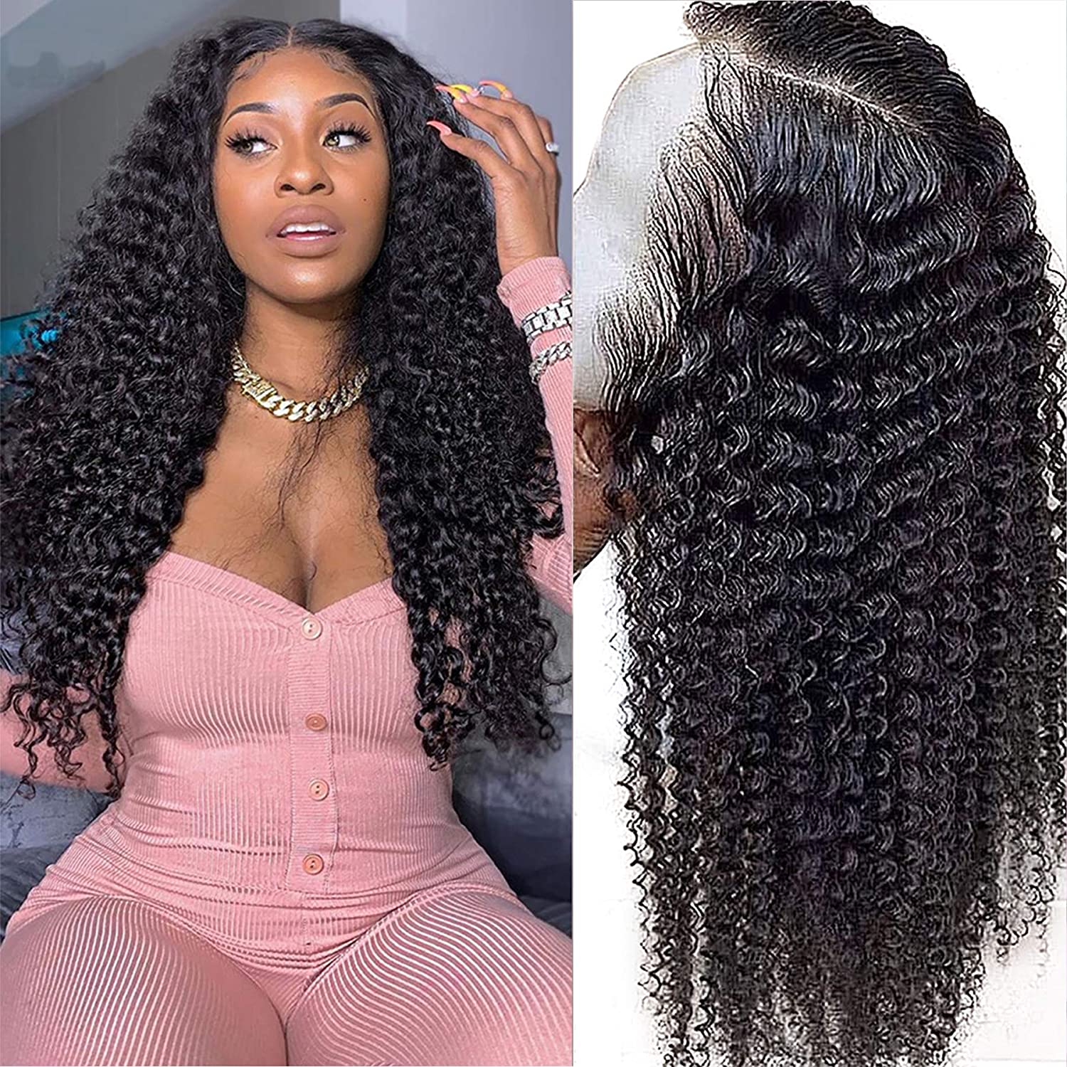 Price:$79.99     12 Inch Short Curly Wigs Deep Wave Lace Front Wigs Human Hair 13x4 Pre-Plucked 150% Density Natural Color 100% Unprocessed Full Ends Lace Wigs   Beauty