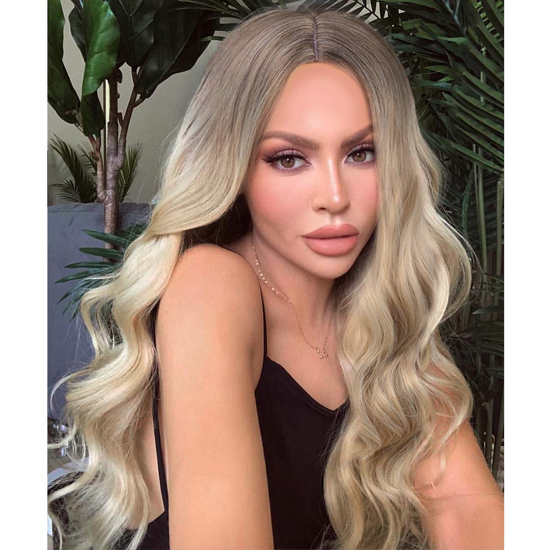 Price:$17.99    Vigorous Blonde Ombre Wig, Long Wavy Blonde Wigs for Women Brown Roots Middle Part Synthetic Wigs for Women Daily Party Cosplay Wig 26 Inch  Beauty